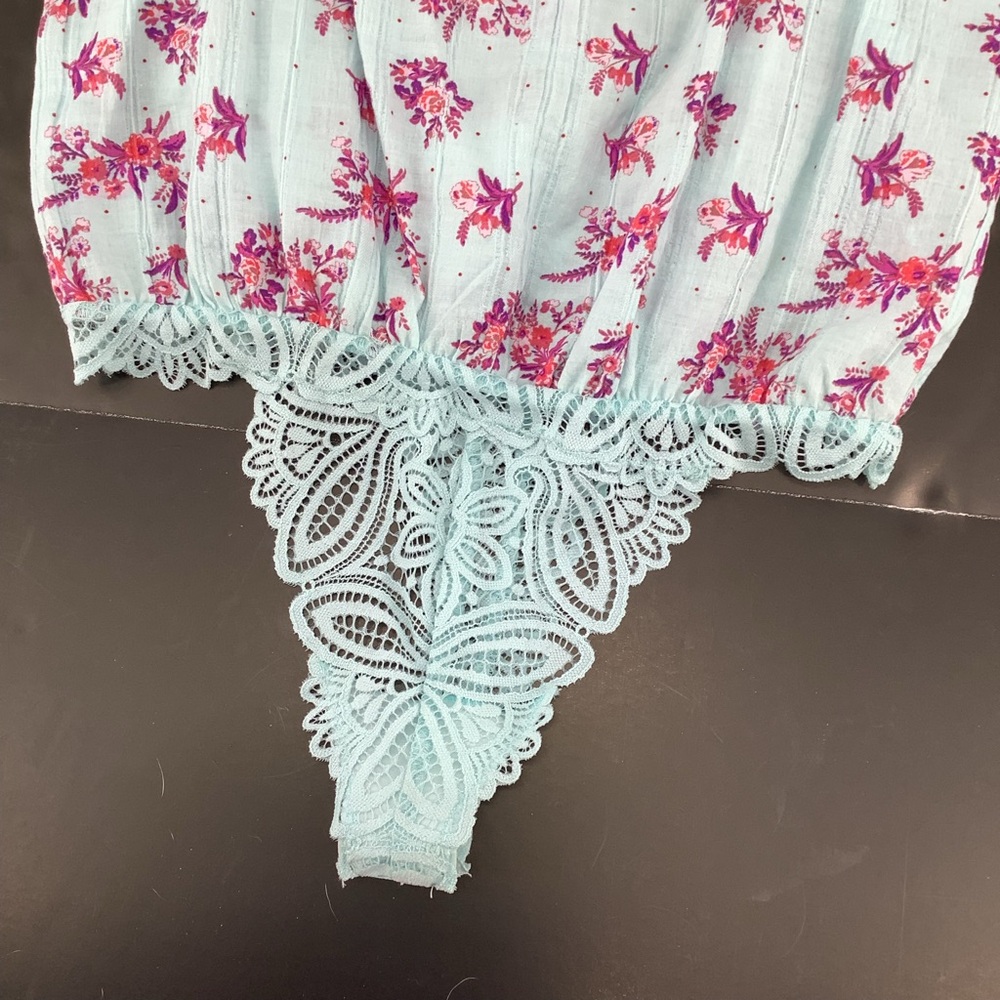 Free People Blue Pink Angela Floral Print Lace Bodysuit Off Shoulder Small - Picture 14 of 15